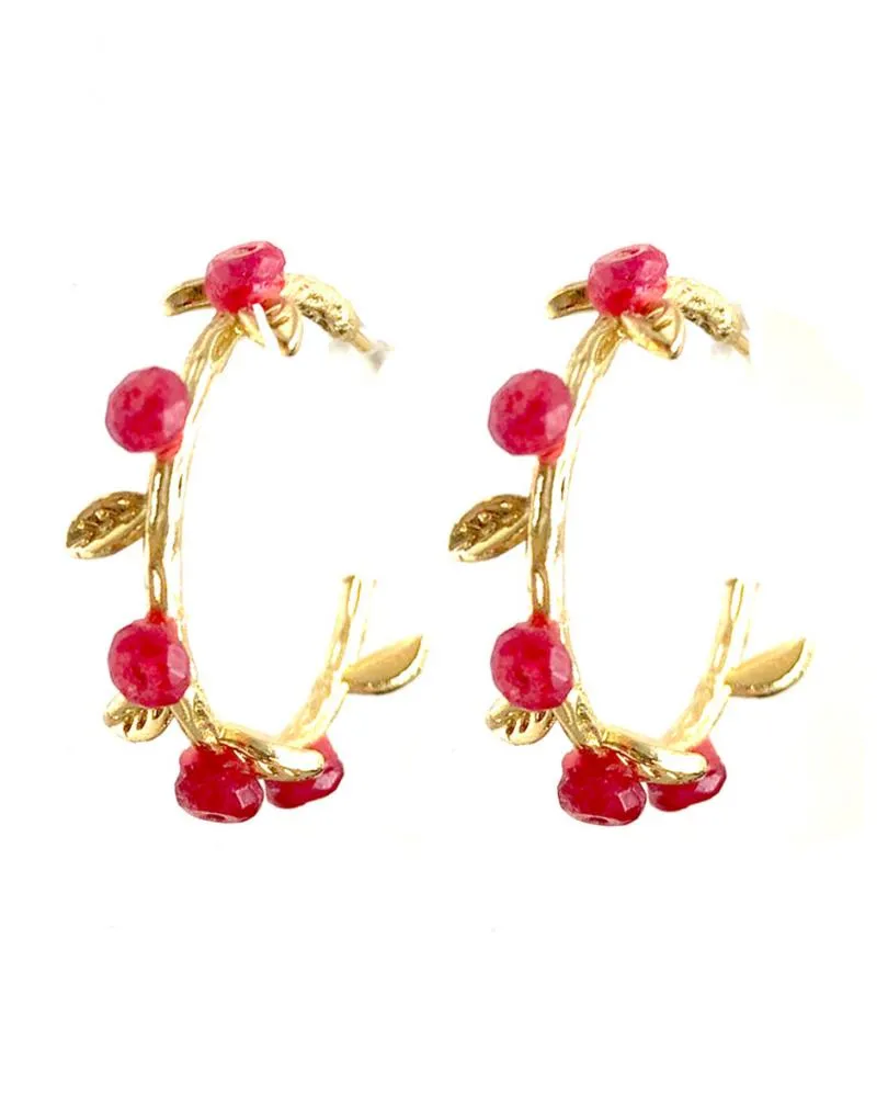 AROS DORADOS CON HOJITAS Y DETALLES EN ROJO PENDIENTES MUJER