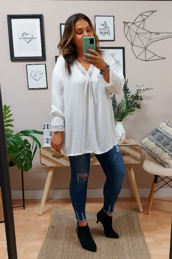 Blusa Encaje Desgaste Blanca