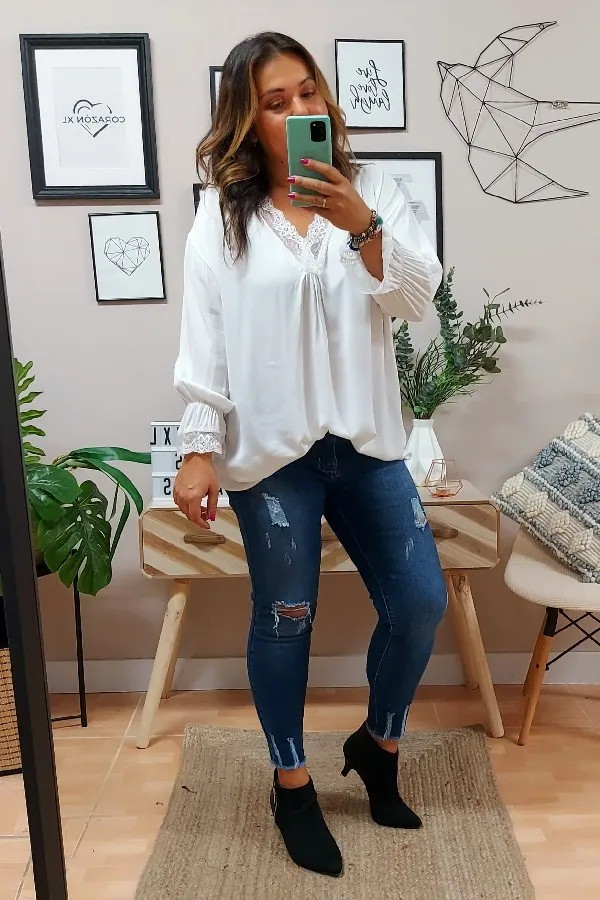 Blusa Encaje Desgaste Blanca