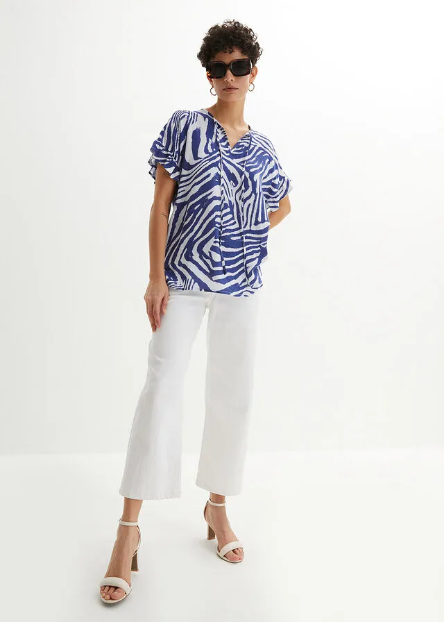 BLUSA TIPO TúNICA CON CORTE AJUSTADO BLANCOAZUL ZAFIRO ESTAMPADO