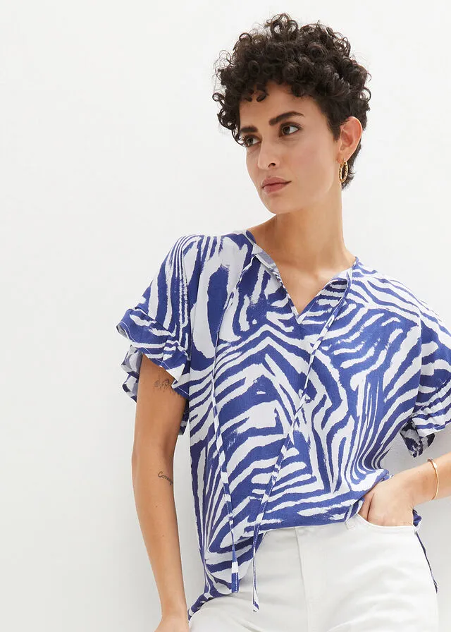 BLUSA TIPO TúNICA CON CORTE AJUSTADO BLANCOAZUL ZAFIRO ESTAMPADO