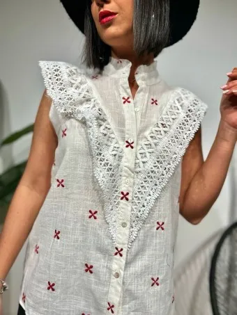 Blusa Volante Crochet ODELINA Blanco