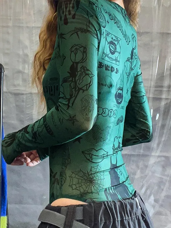 Body de malla con varios estampados vintage