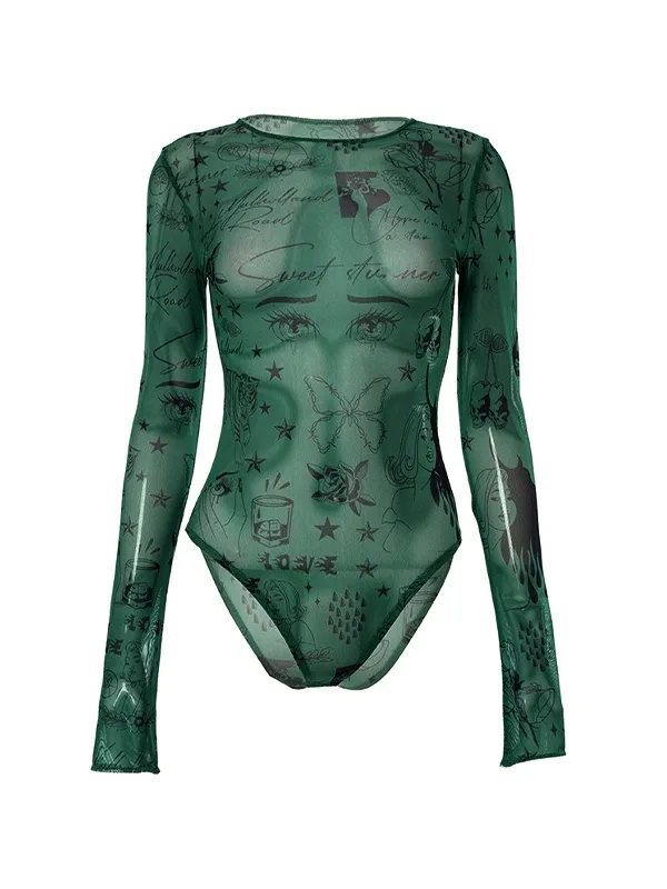 Body de malla con varios estampados vintage