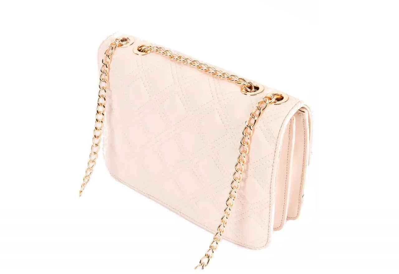 Bolso Colgar Enguatado Beige Tapa Doble Asa Cadena Metal Oro