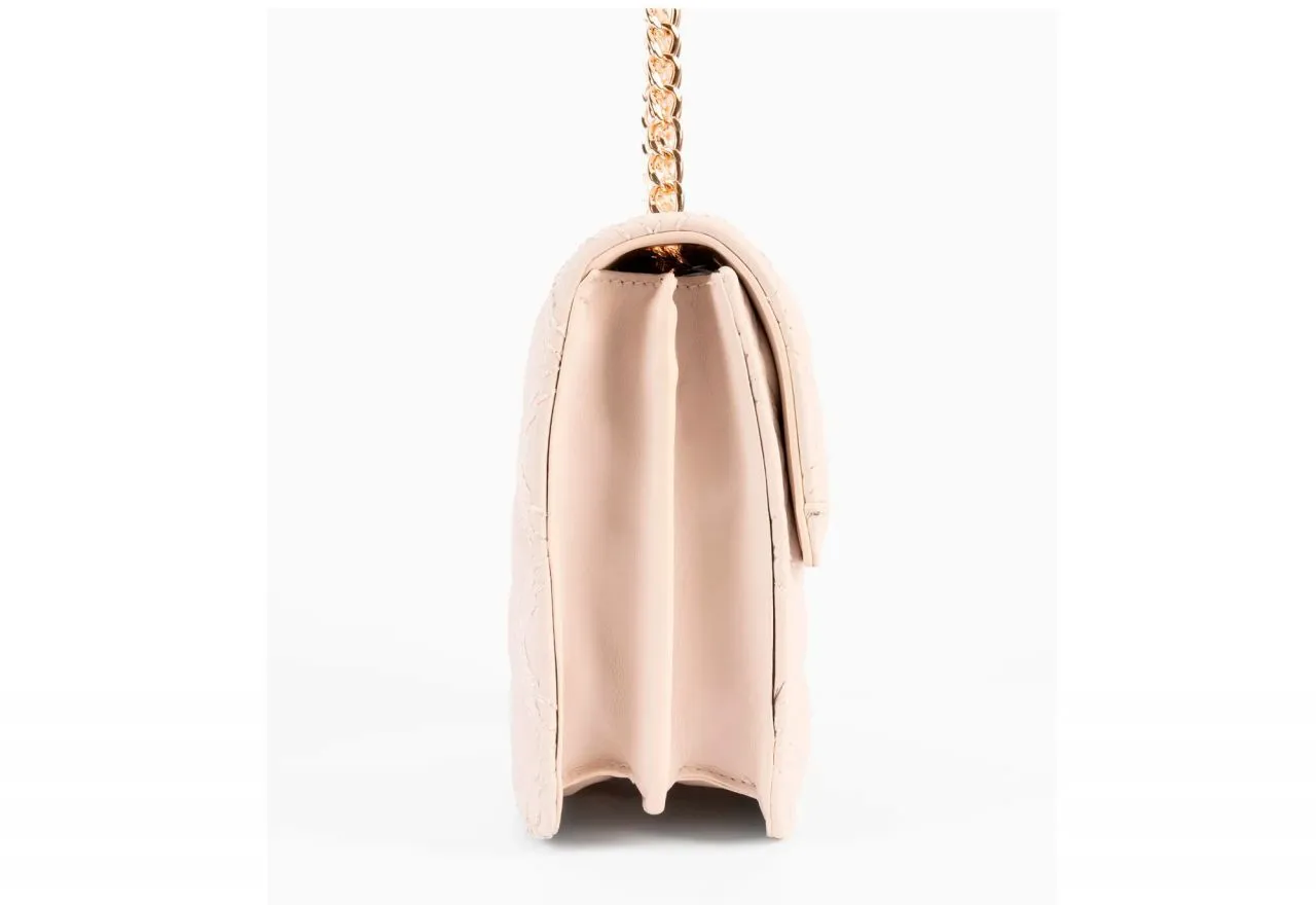 Bolso Colgar Enguatado Beige Tapa Doble Asa Cadena Metal Oro