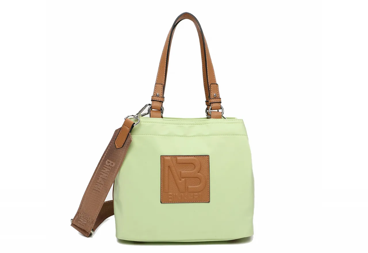 Bolso Nilon Verde Lima Compartimentos Apertura Completa Asas Camel