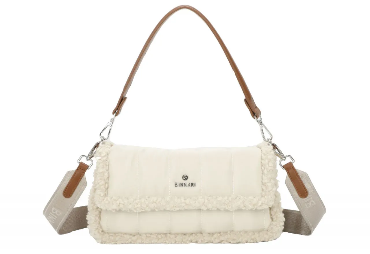 Bolso Textil Beige Solapa Filo Borreguito Detalles Cuero