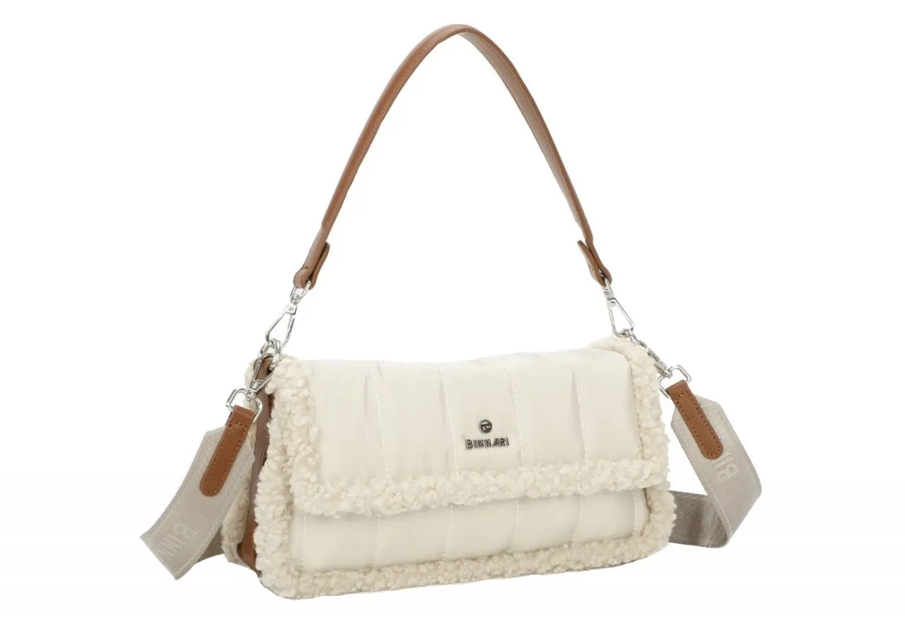 Bolso Textil Beige Solapa Filo Borreguito Detalles Cuero