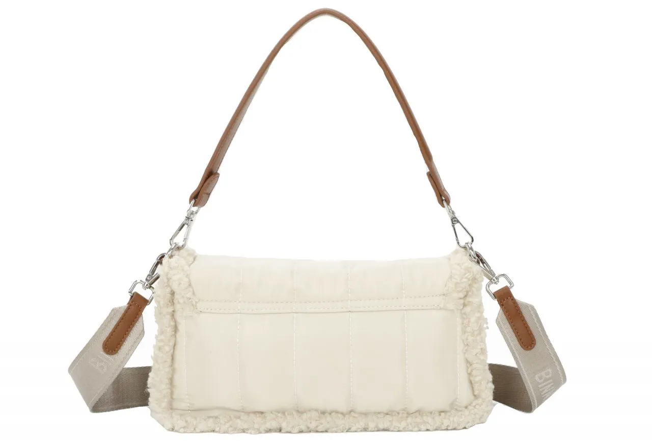 Bolso Textil Beige Solapa Filo Borreguito Detalles Cuero