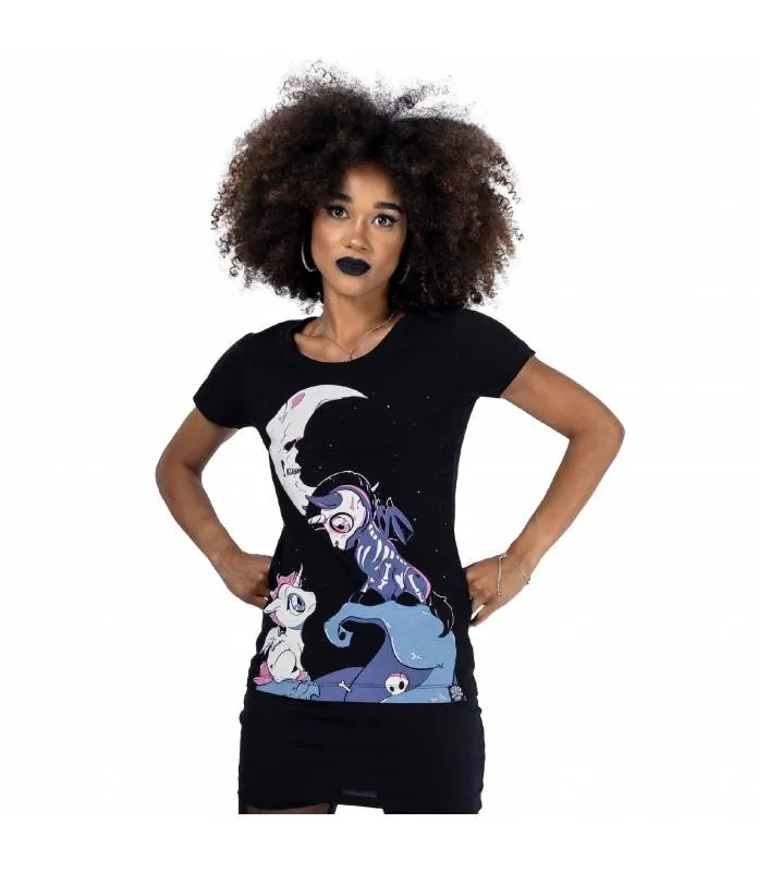 Camiseta Under The Moon T Shirt Negra Manga Corta Unicornios Luna INNOCENT