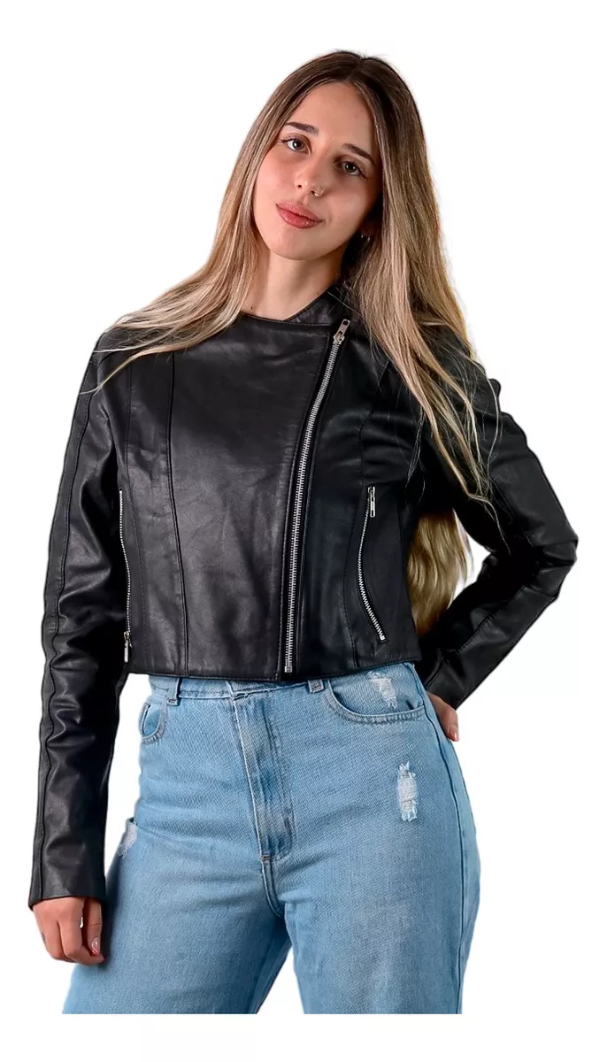 Campera De Cuero Vacuno De Mujer Cortita Cruzada Moderna 
