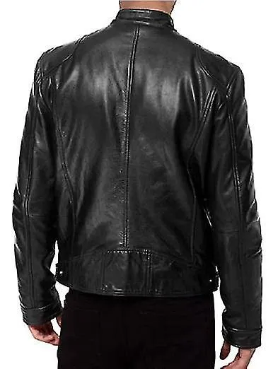Chaqueta motera de cuero de piel de cordero negra Sword para hombre