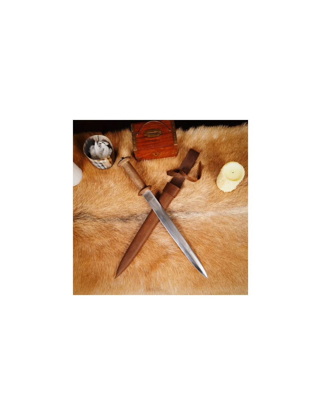 Daga medieval tipo Rondell con vaina de cuero