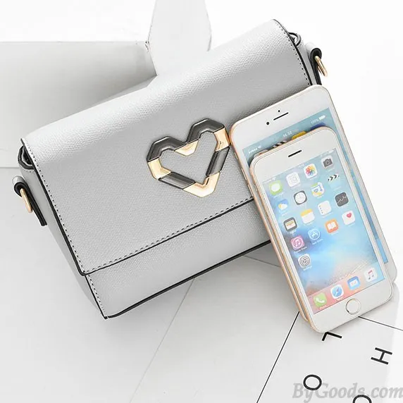 Elegant PU Metal Love Heart Flap Square Lady Shoulder Bag 
