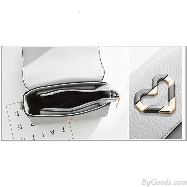Elegant PU Metal Love Heart Flap Square Lady Shoulder Bag 