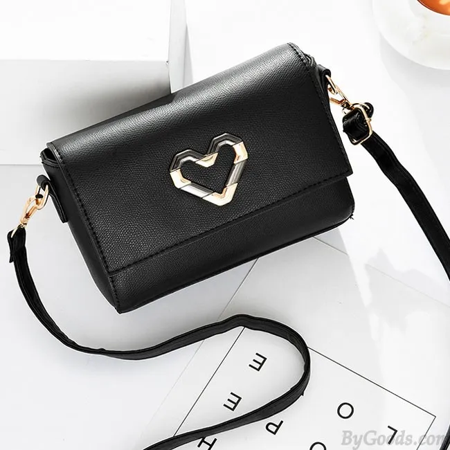 Elegant PU Metal Love Heart Flap Square Lady Shoulder Bag 