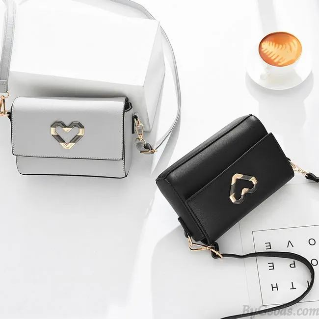 Elegant PU Metal Love Heart Flap Square Lady Shoulder Bag 