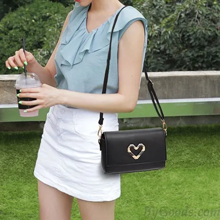 Elegant PU Metal Love Heart Flap Square Lady Shoulder Bag 
