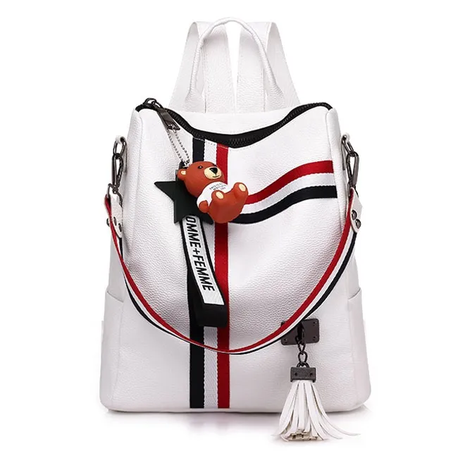 FASHION STRIPE TASSEL SCHOOL BAG MULTIFUNCTION SHOULDER BAG CONTRAST COLOR SQUARE PU BACKPACK 