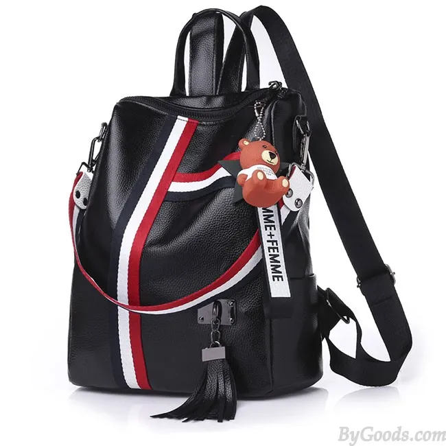 FASHION STRIPE TASSEL SCHOOL BAG MULTIFUNCTION SHOULDER BAG CONTRAST COLOR SQUARE PU BACKPACK 