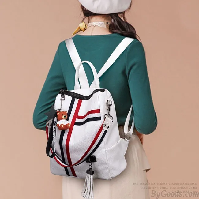 FASHION STRIPE TASSEL SCHOOL BAG MULTIFUNCTION SHOULDER BAG CONTRAST COLOR SQUARE PU BACKPACK 