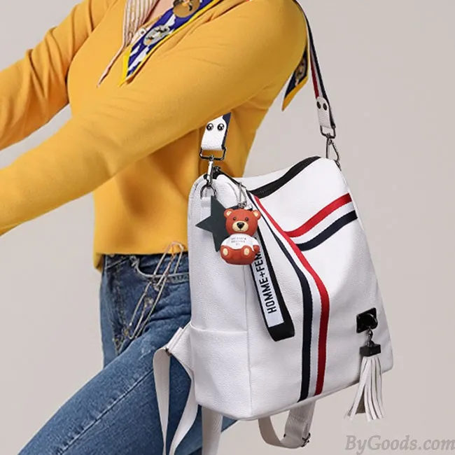 FASHION STRIPE TASSEL SCHOOL BAG MULTIFUNCTION SHOULDER BAG CONTRAST COLOR SQUARE PU BACKPACK 