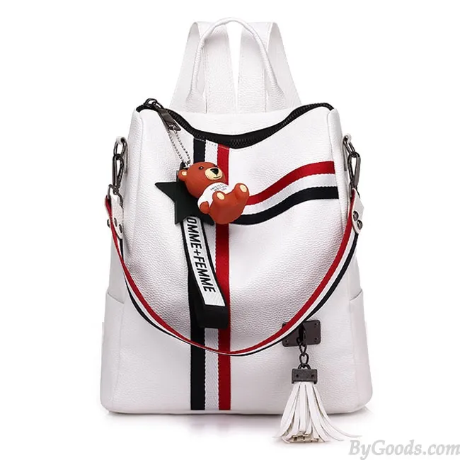 FASHION STRIPE TASSEL SCHOOL BAG MULTIFUNCTION SHOULDER BAG CONTRAST COLOR SQUARE PU BACKPACK 