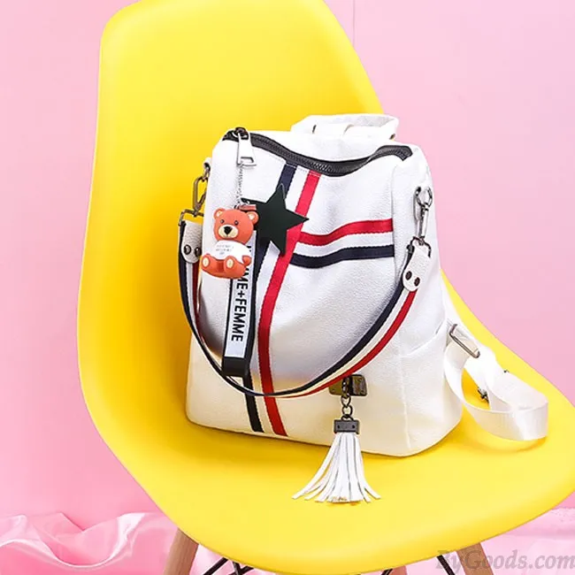 FASHION STRIPE TASSEL SCHOOL BAG MULTIFUNCTION SHOULDER BAG CONTRAST COLOR SQUARE PU BACKPACK 