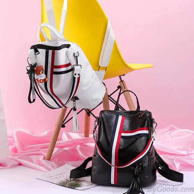 FASHION STRIPE TASSEL SCHOOL BAG MULTIFUNCTION SHOULDER BAG CONTRAST COLOR SQUARE PU BACKPACK 