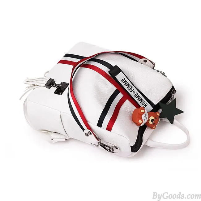 FASHION STRIPE TASSEL SCHOOL BAG MULTIFUNCTION SHOULDER BAG CONTRAST COLOR SQUARE PU BACKPACK 