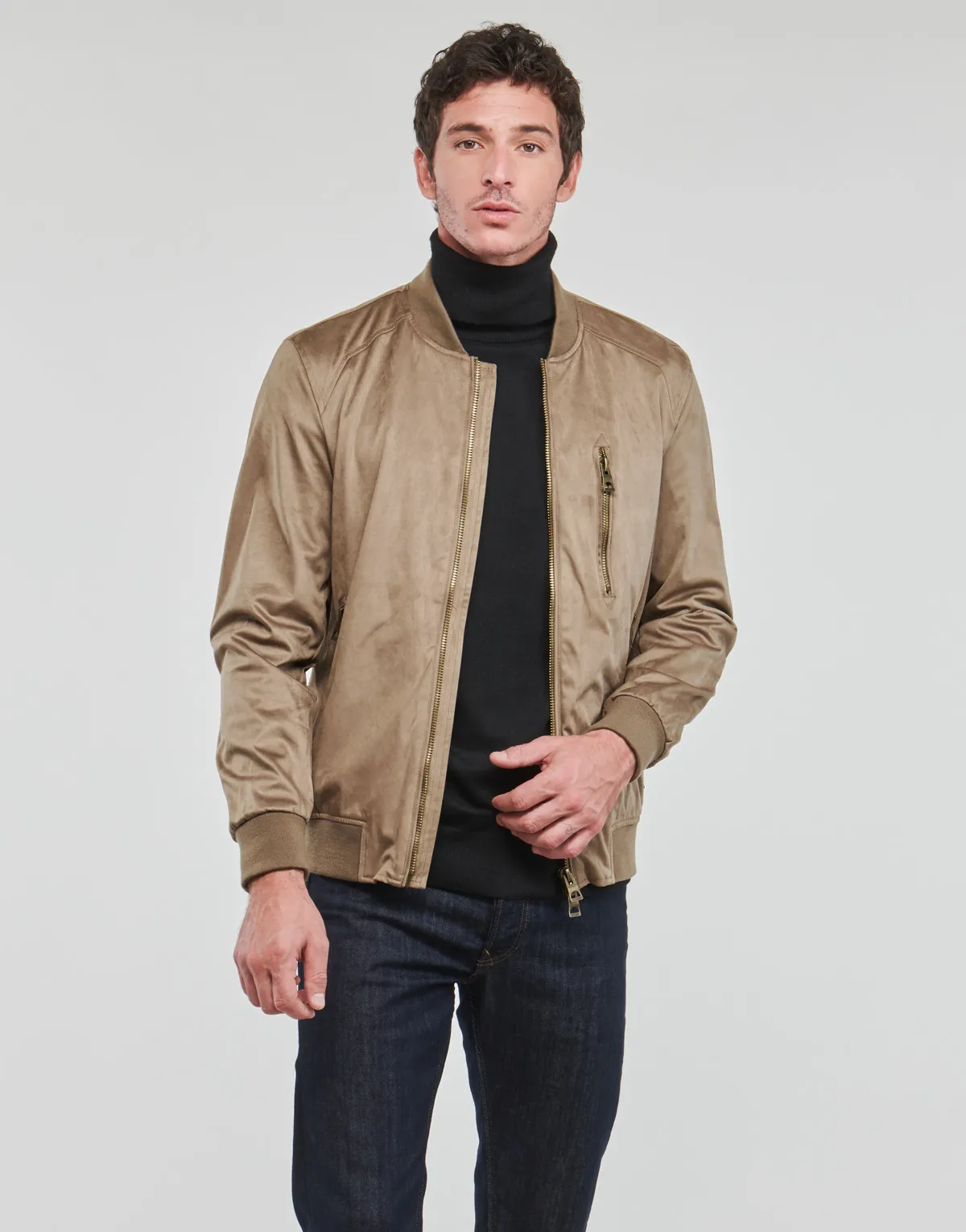 FAUX SUEDE HOODED BOMBER