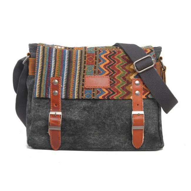Folk Style Geometry Stripe Square Double Hasp Canvas Messenger Bag Shoulder Bag 