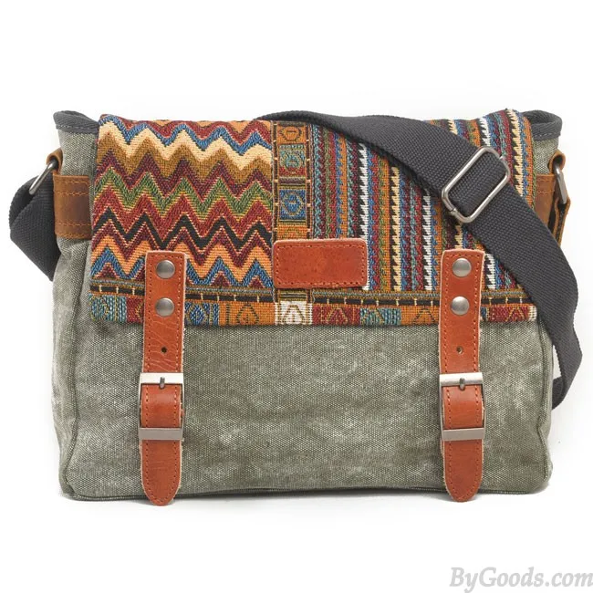 Folk Style Geometry Stripe Square Double Hasp Canvas Messenger Bag Shoulder Bag 