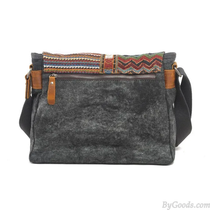 Folk Style Geometry Stripe Square Double Hasp Canvas Messenger Bag Shoulder Bag 