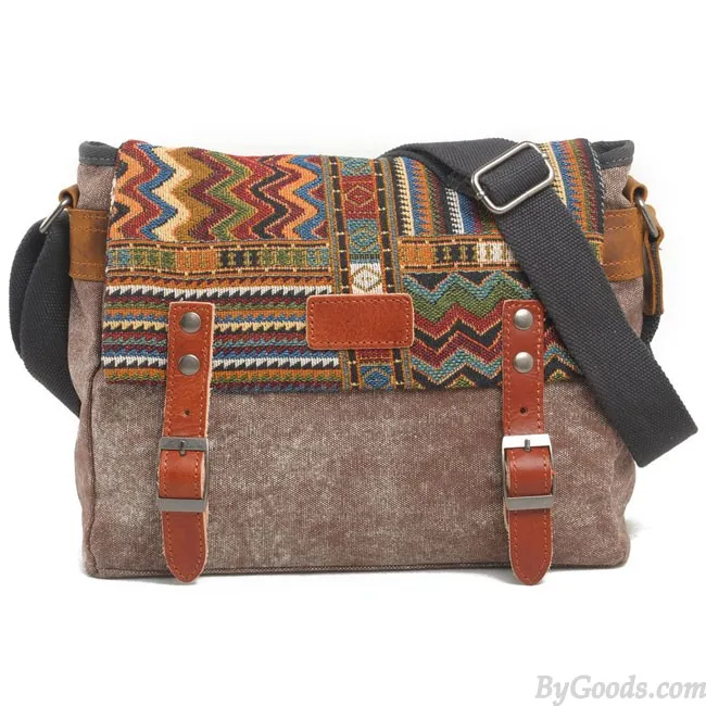 Folk Style Geometry Stripe Square Double Hasp Canvas Messenger Bag Shoulder Bag 