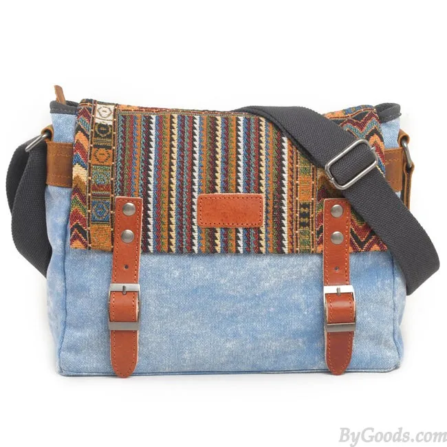 Folk Style Geometry Stripe Square Double Hasp Canvas Messenger Bag Shoulder Bag 