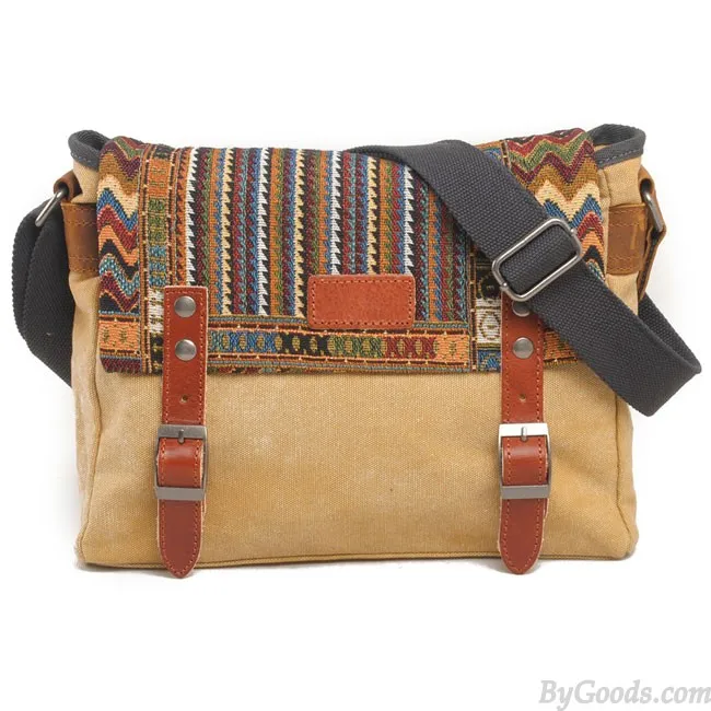 Folk Style Geometry Stripe Square Double Hasp Canvas Messenger Bag Shoulder Bag 