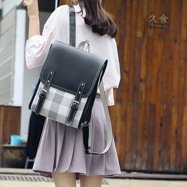 Fresh Grid College Square Backpack Two Belts Lattice Student Bag 