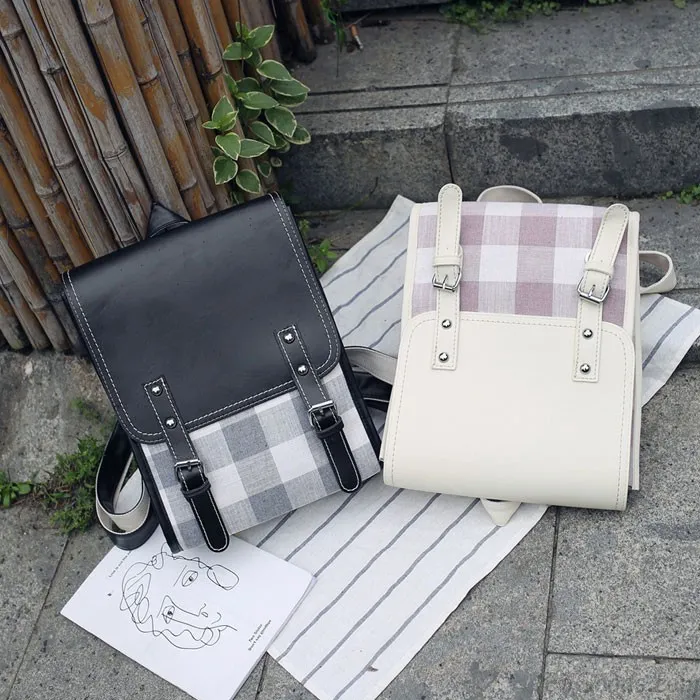 Fresh Grid College Square Backpack Two Belts Lattice Student Bag 