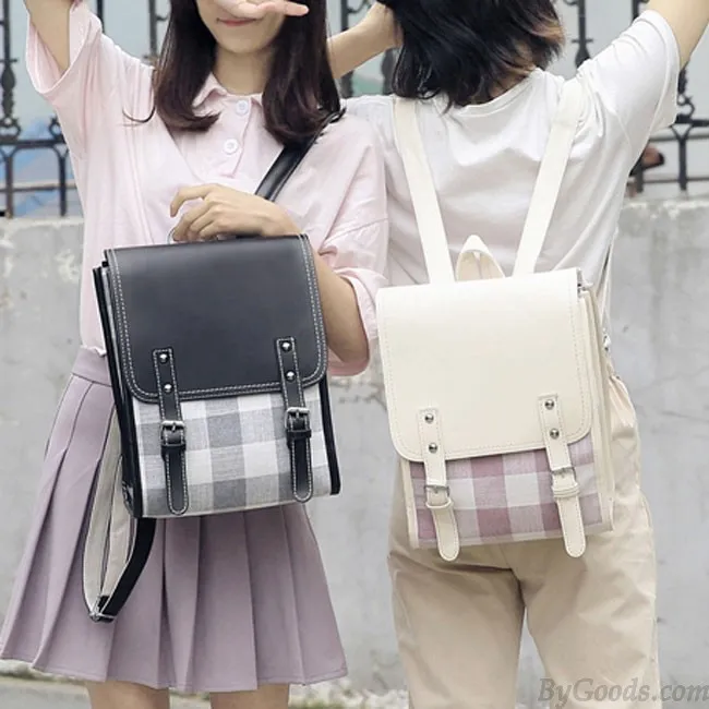 Fresh Grid College Square Backpack Two Belts Lattice Student Bag 