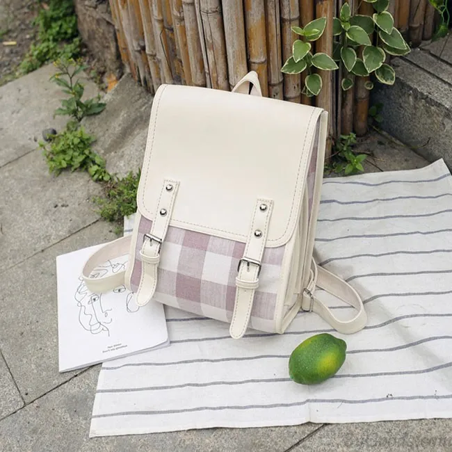 Fresh Grid College Square Backpack Two Belts Lattice Student Bag 