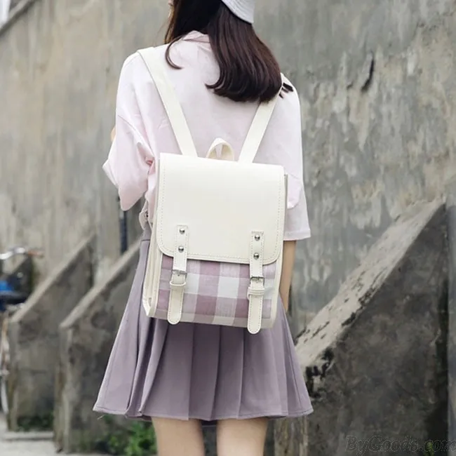 Fresh Grid College Square Backpack Two Belts Lattice Student Bag 