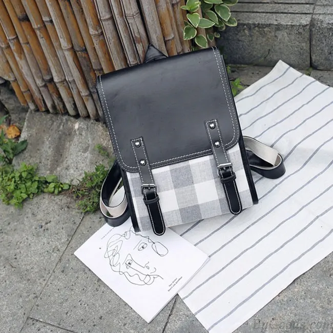 Fresh Grid College Square Backpack Two Belts Lattice Student Bag 