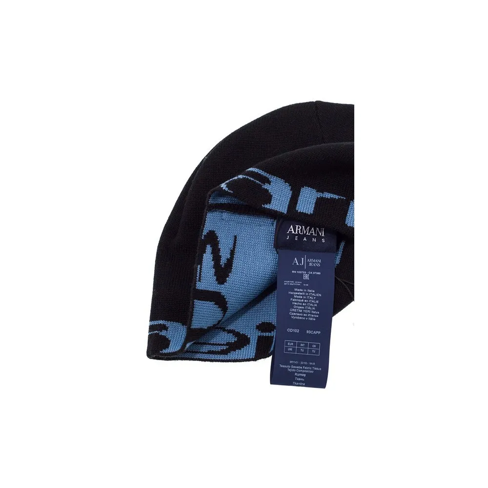 Gorro de Lana Armani Jeans CD102 Color Azul Marino y Letras en Celeste