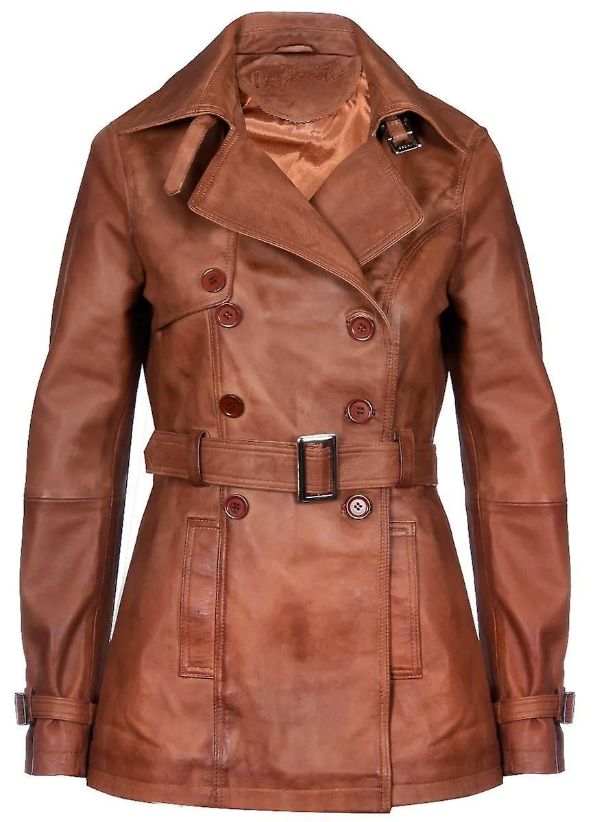 Ladies Tan Chaqueta de cuero TRENCH Coat de longitud media