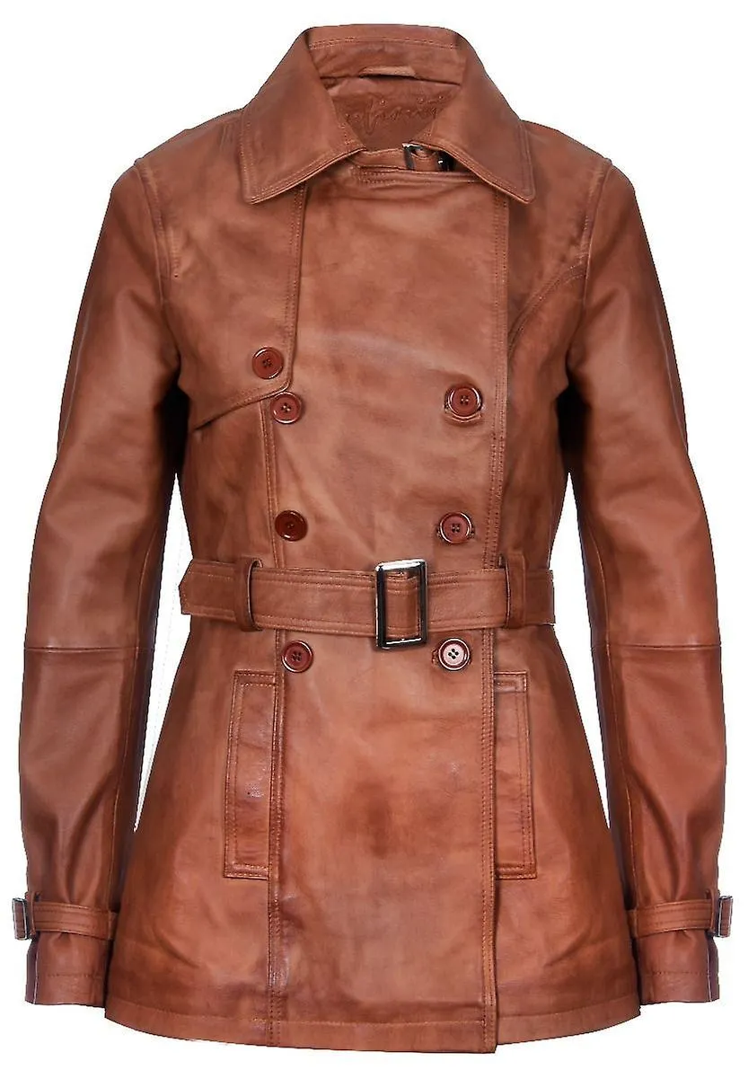 Ladies Tan Chaqueta de cuero TRENCH Coat de longitud media