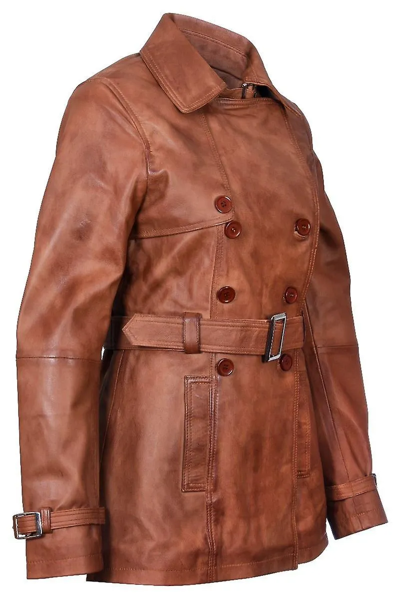 Ladies Tan Chaqueta de cuero TRENCH Coat de longitud media