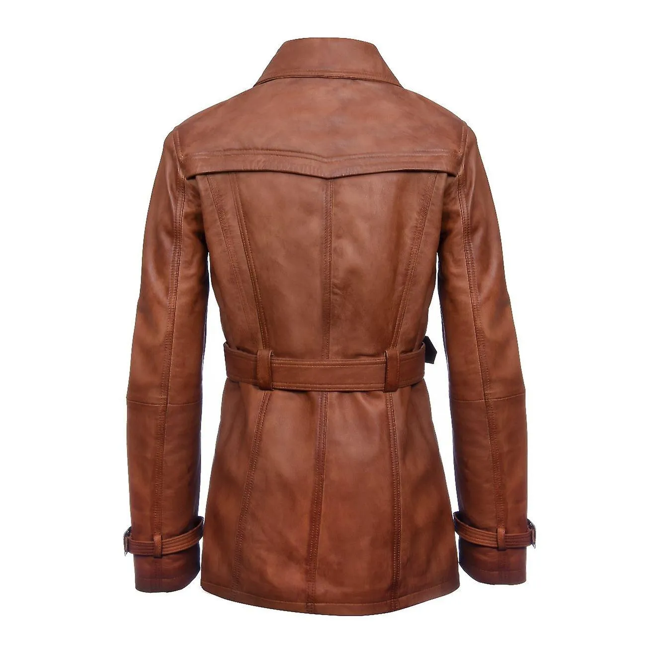 Ladies Tan Chaqueta de cuero TRENCH Coat de longitud media
