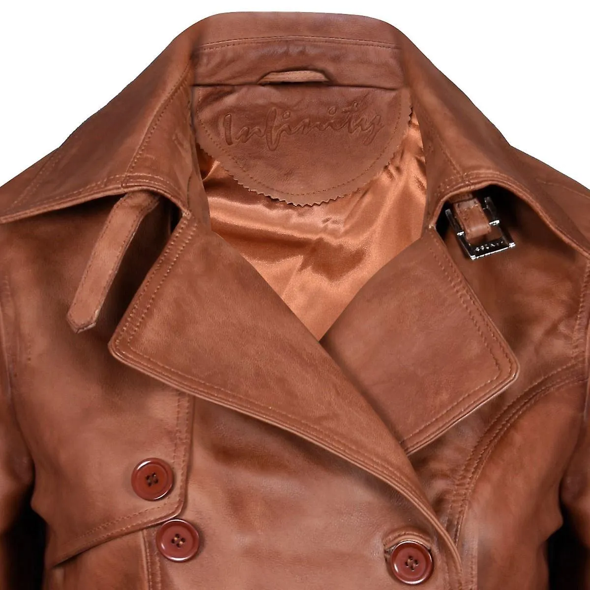 Ladies Tan Chaqueta de cuero TRENCH Coat de longitud media